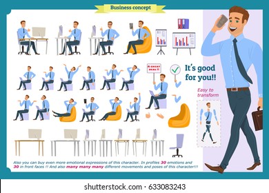 Set of male businessman.Pupil character generator with face,palm gestures,body elements.Man sitting.Parts of body template for design work,animation.Isolated Vector on white.Business.Flat  infographic