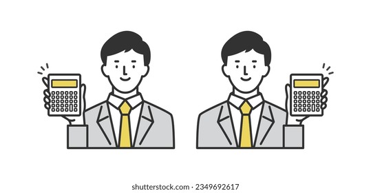 A set of male businessmen holding a calculator and informing them of the price