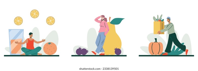 Set of male buying vegetables, man and woman selecting fruits for juice and meal. Healthy lifestyle concept. Choose vegetables and fruits. Natural products for eat concept. Flat vector illustration