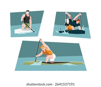Set of male canoe sprint. Water sport. Cartoon flat vector illustration.