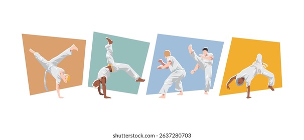 Set of male capoeirista in action, dynamic pose. Sport, capoeira, martial arts. Cartoon flat vector illustration.