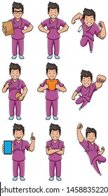 Set with male cartoon medical nurse in different poses.