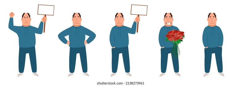 The Set Of The Male Character. A Bald Man With A Sign For Text In His Hand. The Guy With The Flowers. Vector Illustration In A Flat Cartoon Style.