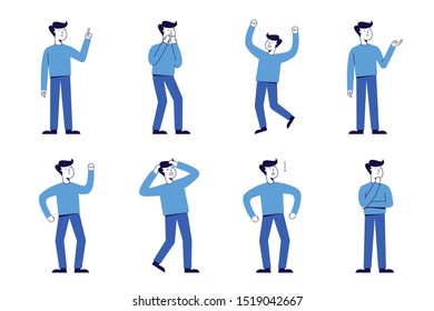 Set of male character in casual clothes in various poses.