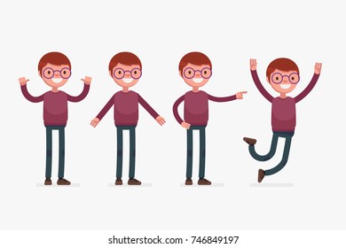 Set of male character in casual clothes in different poses: Vector illustration.