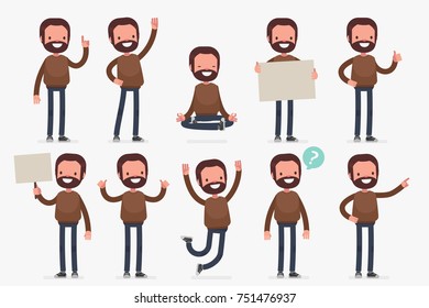 Set Of Male Character In Casual Clothes In Different Poses: Vector Illustration.