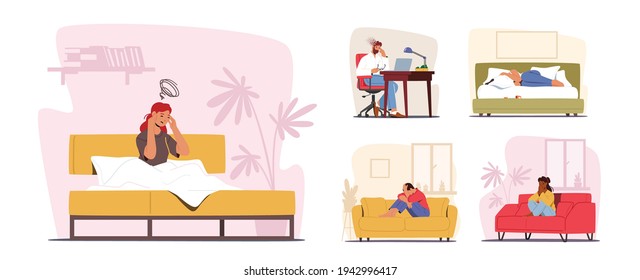 Set of Male and Character Depression and Migraine. Depressed People with Bewildered Thoughts in Mind and Headache. Unhappy Emotion, Mental Disease, Life or Work Problems. Cartoon Vector Illustration