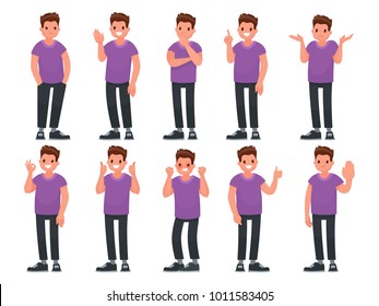 Set of male character with different gestures and emotions. Vector illustration in a flat style