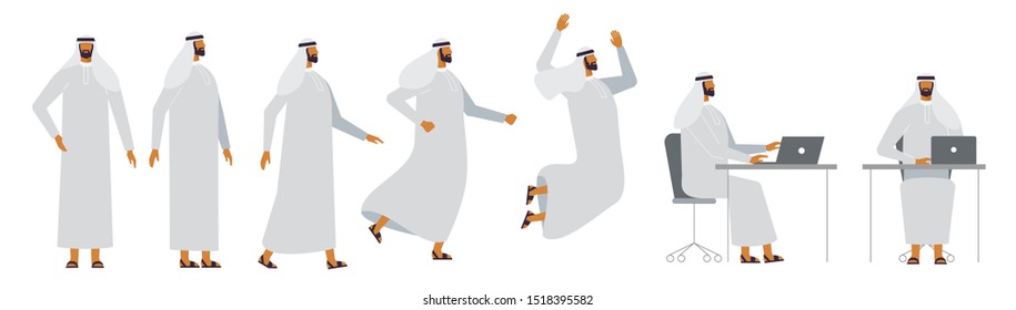 Set of a male character in different poses. For your design project, animation. Vector illustration, flat design. Young Arab man in traditional clothing Thobe. Kerkusha, gutra, kandoora, egal.