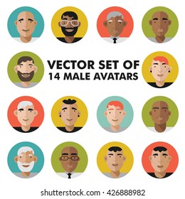Set of male character faces avatars. Flat style vector people icons set.