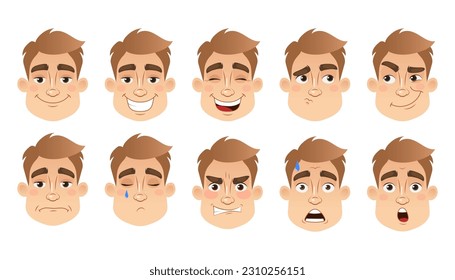 Set of male character facial expressions. Young man emoji with different expressions. Vector illustration in cartoon style