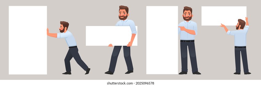 Set of male character interacting with white banner or poster. Empty space for text. Vector illustration in cartoon style