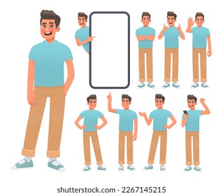 Set of male character in various poses and actions. Happy guy gesticulates, poses, points to a huge smartphone. Vector illustration in cartoon style