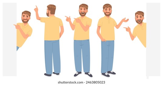 Conjunto de un personaje masculino que presenta, mira y apunta a algo. Ilustración vectorial en estilo de dibujos animados