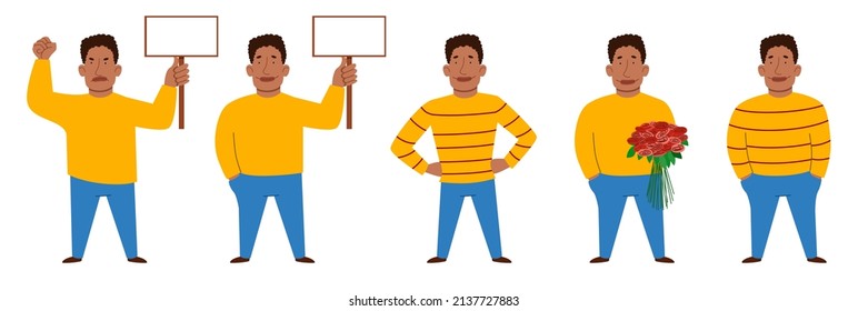 A set of male characters. An African-American man with a sign for text in his hand. The guy with the flowers. Vector illustration in a flat cartoon style