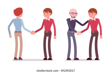 Set of male characters in a casual wear handshaking in pairs. Cartoon vector flat-style illustration