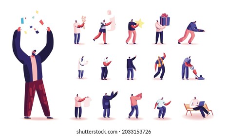 Set of Male Characters with Confetti, Gift Box and Star, Cleaning Service Worker with Vacuum Cleaner, Freelancer Work on Laptop Isolated on White Background. Cartoon People Vector Illustration