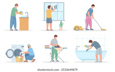 Set male characters doing housework. Man Washing Dishes, clothes, bath and window, Vacuuming and ironing. People and daily routine. Vector illustrations on white background.