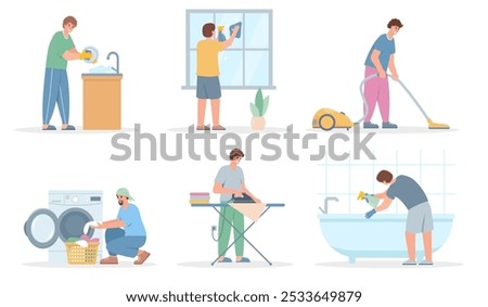 Set male characters doing housework. Man Washing Dishes, clothes, bath and window, Vacuuming and ironing. People and daily routine. Vector illustrations on white background.