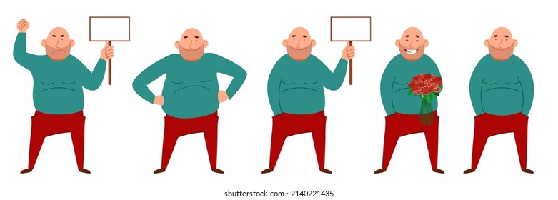 A Set Of Male Characters. A Fat Bald Man With A Sign For Text In His Hand. The Guy With The Flowers. Vector Illustration In A Flat Cartoon Style.