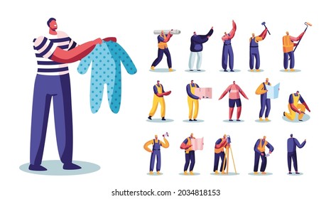 Set of Male Characters Father with Baby Clothes, Architects or Builders with Working Tools and Instruments, Home Renovation Works Isolated on White Background. Cartoon People Vector Illustration