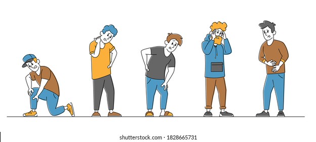 Set Male Characters Feeling Different Kinds of Strong Pain Men Suffer of Ache in Knee, Neck, Back Head and Stomach. Health Problems, Disease Symptoms, Body Sickness. Linear People Vector Illustration