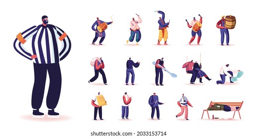 Set of Male Characters Hockey Judge, Traditional Indian Musicians with Drums, Farmer with Honey, Man with Sack, Spoon and Pets Food Isolated on White Background. Cartoon People Vector Illustration