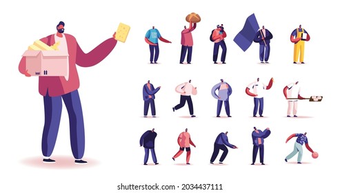 Set of Male Characters Holding Cheese, Bakery and Bread, Playing Bowling, Walk with Child, Carry Flag, Keys and Wear Donation Shirt Isolated on White Background. Cartoon People Vector Illustration