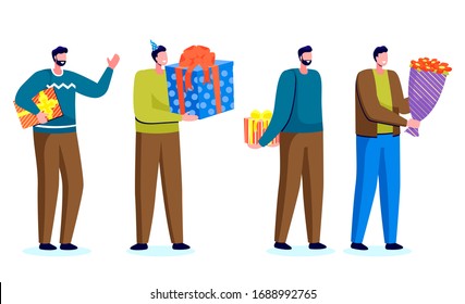 Set of male characters holding gifts in hands. People celebrating holidays, giving presents. Man with bouquet of flowers. Boyfriend making surprise hiding decorative box behind back flat vector