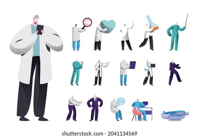 Set of Male Characters, Medicine Doctor or Nurse with Smartphone, Heart and Pill, Test Tube, Magnifying Glass or Beaker, X-Ray. Men Isolated on White Background. Cartoon People Vector Illustration