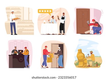 Set of Male Characters Professional Occupation. Men Work as a Baker in the Bakery, Waiter in Restaurant, Courier, Barista, Volunteer and Archeologist Scientist. Cartoon People Vector Illustration