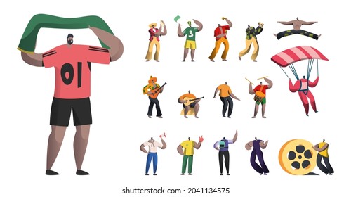 Set of Male Characters, Sports Fan with Flag, Brazil Carnival Musicians with Maracas, Men Dancers and Mariachi Players, Parachutist Isolated on White Background. Cartoon People Vector Illustration