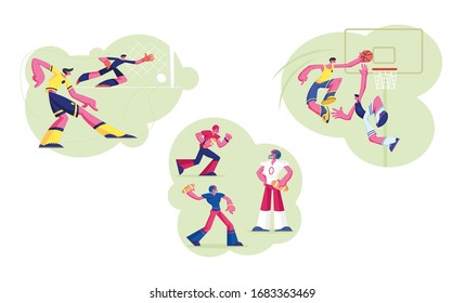 Set of Male Characters in Sports Uniform Practicing Football, Basketball and Handball Games. Soccer Player Kicking Ball to Goalkeeper. People Take Part in Competition. Cartoon Vector Illustration