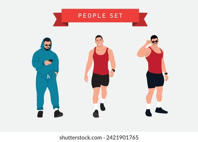 Set of male characters in sportswear. Vector illustration in flat style