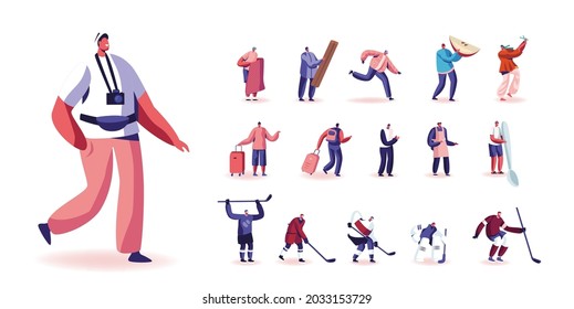 Set of Male Characters Tourist with Photo Camera, Backpack and Luggage, Hockey Players in Uniform, Tiny Man with Huge Apple Piece Isolated on White Background. Cartoon People Vector Illustration