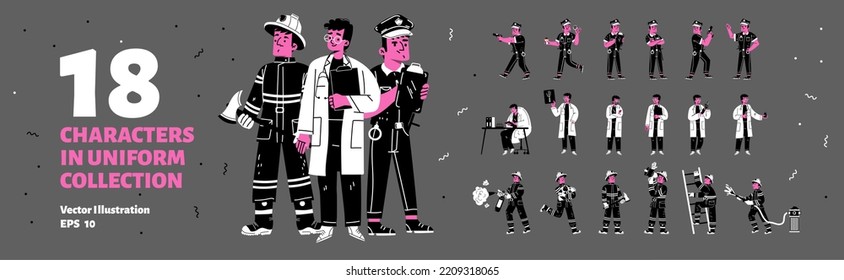 Set of male characters in uniform of fire fighter, police officer and doctor. Men fight with blaze, work in medical laboratory and serve in cop department. Profession Linear flat vector illustration