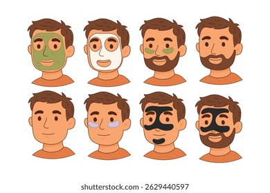 Set of male characters using different facial skincare masks