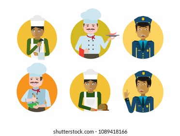 Set of male characters of various ethnicity, age, having chef and policeman professions