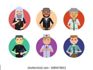 Set of male characters of various ethnicity, age, having different professions