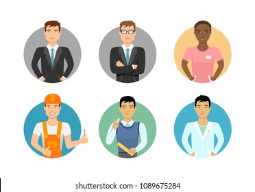 Set of male characters of various ethnicity, age, having different professions