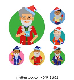 Set of male characters of various ethnicity, age, smiling and wearing Santa costume with fake beard