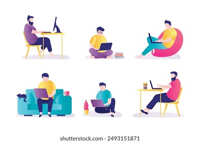 Set of male characters in various poses, working process in office or home workplace. Businessman working on computer or laptop. Freelancers remote homeworking occupation. flat vector illustration