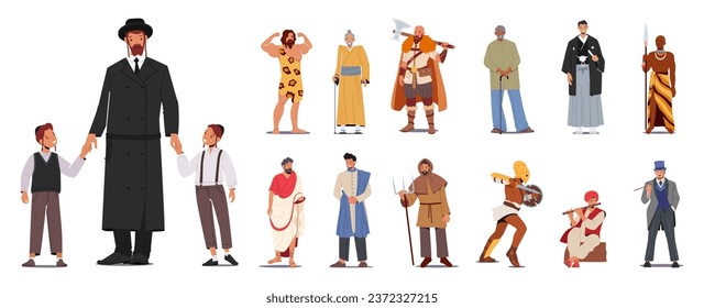 Eine Reihe männlicher Charaktere trägt historische Kostüme. Juden, Caveman, Viking and African Warrior, Gladiator, mittelalterlicher Bauer, indischer Musiker und viktorianischer Gentleman. Vektorgrafik von Cartoon People