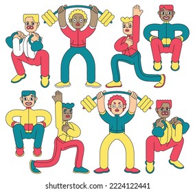 A set of male characters who go in for sports, perform physical exercises with and without equipment. Funny cartoon men, athletes in the collection. Vector illustration.