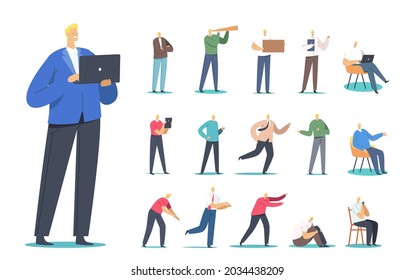 Set of Male Characters Work on Laptop, Chatting by Smartphone, Sit on Floor, Chair, Run and Looking in Spyglass, Businessman Lifestyle Isolated on White Background. Cartoon People Vector Illustration