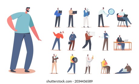 Set of Male Characters Worker in Helmet, Clerk with Paper Documents, Dad with Child, Promoter with Loudspeaker and Office Collar Isolated on White Background. Cartoon People Vector Illustration