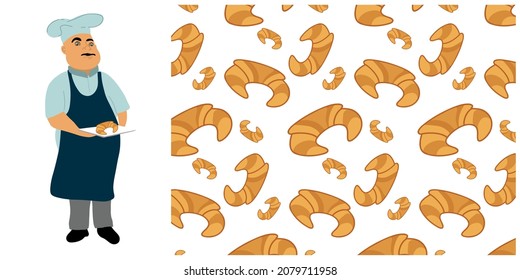
Set. Male chef seller croissants and croissant seamless pattern.  Vector flat style illustration isolated on white background.