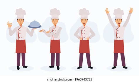 Set of male chef wearing a cook coat in various action,guiding with both hands,Happy hands up,big smile. Flat vector cartoon character.