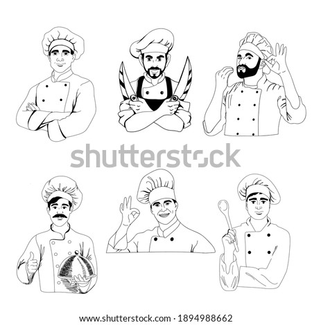 
Set of male chefs in different poses, male chefs in work coats showing thumbs up gestures, beautiful chefs with beards, vector illustration in doodle style, hand draw.