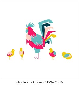 Set of male chicken and small chicks in folk style and colorful pallet.